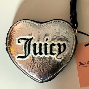 Juicy Couture Metallic Silver Shear Genius Heart Zip Bag New